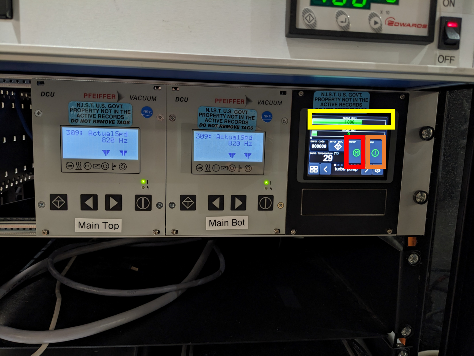 Solid sample load lock turbo pump controller. Red box: switch on/off motor. Orange box: switch on/off pump. Yellow box: motor speed.